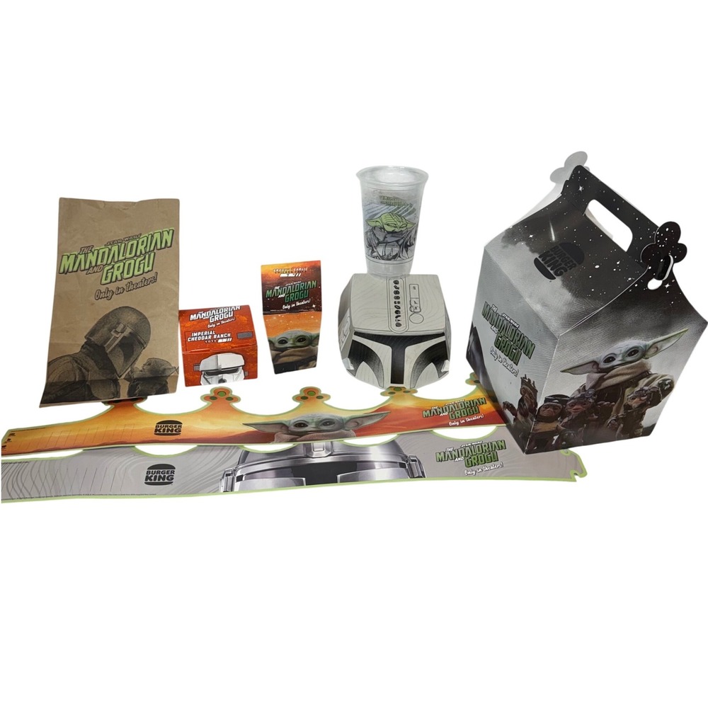 Burger King Mandalorian Grogu Promo Set Star Wars Paper Box 2xCrowns Sauce TOY